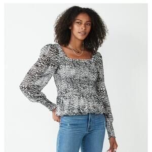 Nine West Black White Zebra Print Square Neck Smoked Lined Long Sleeve Blouse‎ L